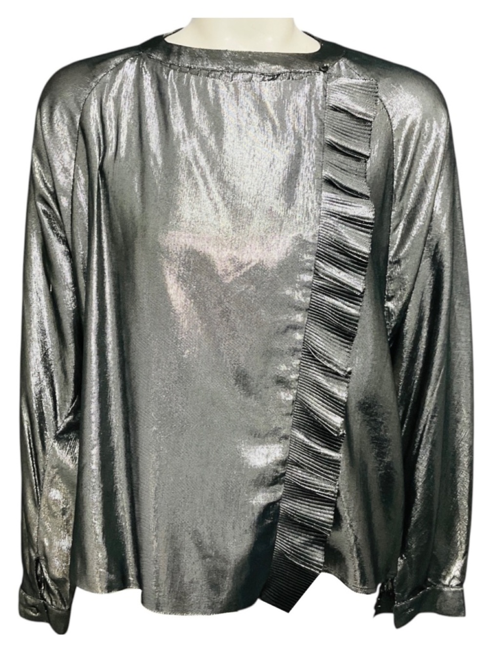 CHLOE VINTAGE SILVER METALLIC PLEATED SILK BLOUSE
